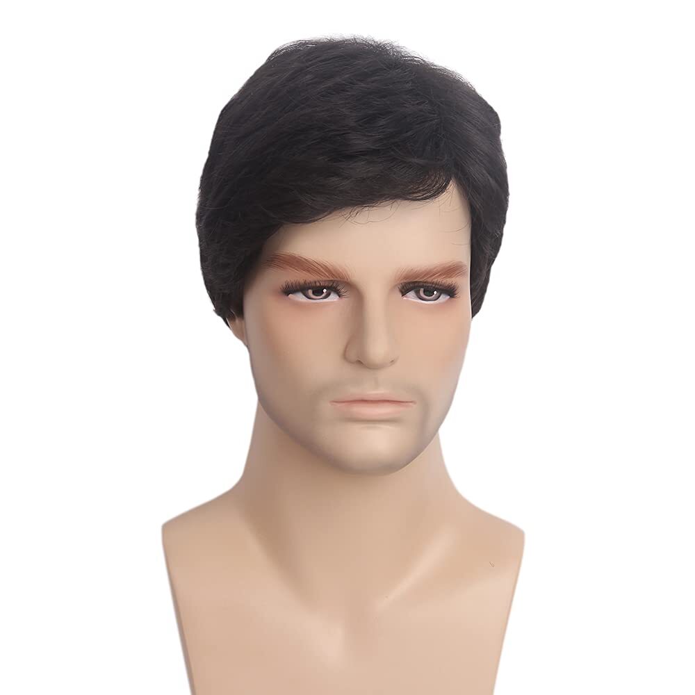 Men’s Short Straight Black Wig Little Wavy Heat Resistant Synthetic Hair Daily