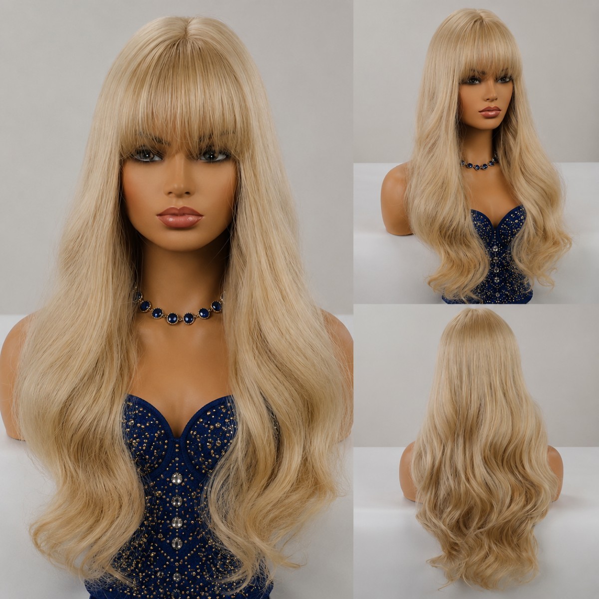 Heat Resistant Hair Cosplay Wig With Bangs Long Wavy Blended Blonde Halloween
