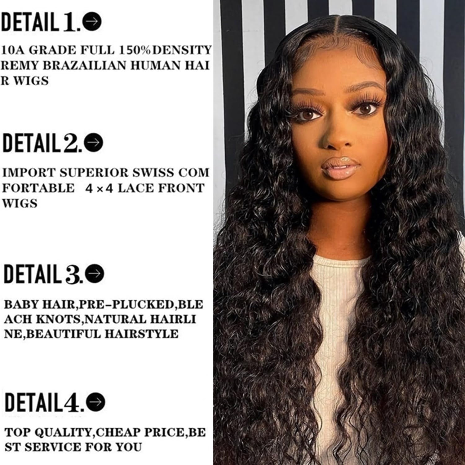 Deep Wave Lace Front Human Hair Wigs Glueless Curly HD 4×4 Lace Closure 24″