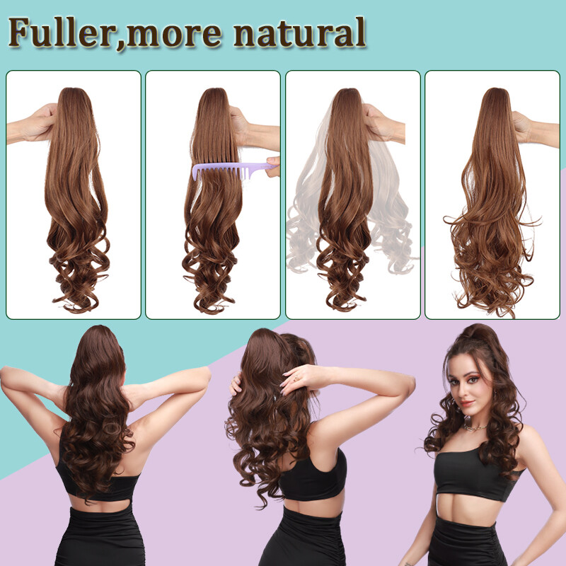 Claw Ponytail Long Curly Pony Tails Clip In Hair Extension Brown Highlight Thick