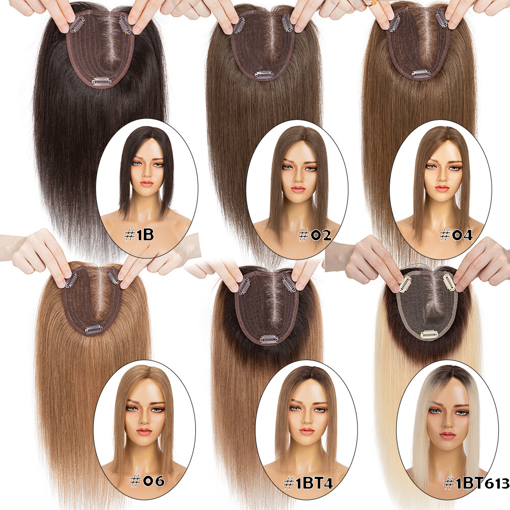 Women Topper Remy Human Hair Clip In Silk Lace Base Top Hairpiece Wigs Side Part