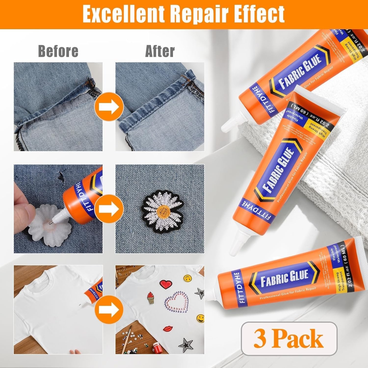 3Pcs Permanent Fabric Glue 60ML – Washable Clear Adhesive for Clothes, Denim, Pa