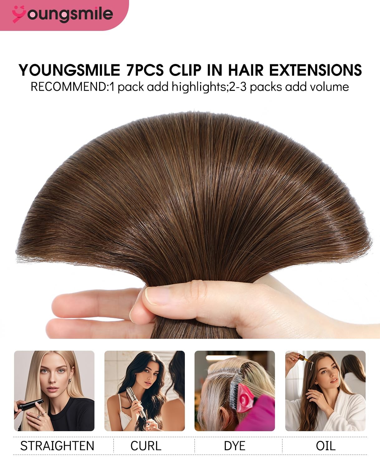 Youngsmile Clip In Hair Extensions Human Hair 16 Inch 140G 7Pcs Chocolate Brown