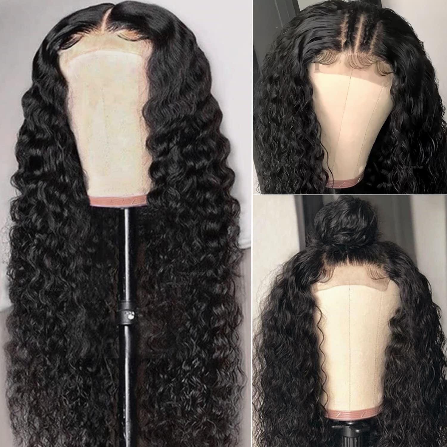 Deep Wave Lace Front Human Hair Wigs Glueless Curly HD 4×4 Lace Closure 24″