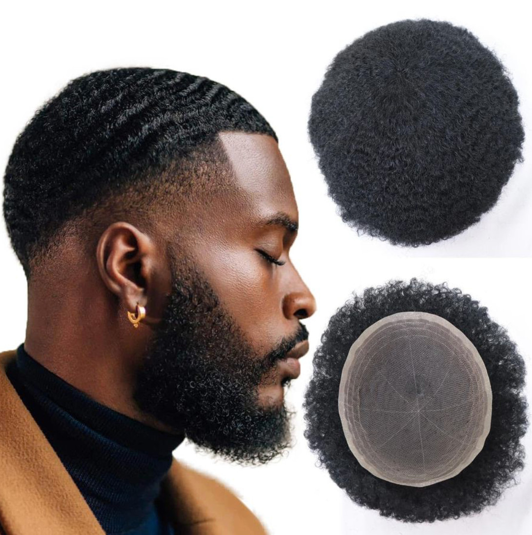 Men Unit Real Human Hair Afro Curl Toupee for Black Men 6mm 1 Jet Black 8×10″