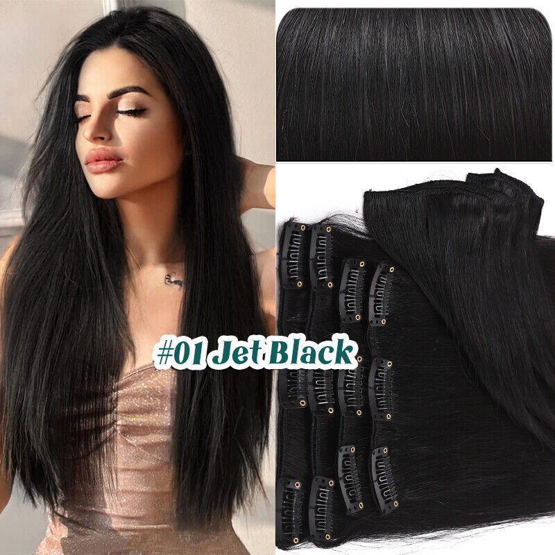 100% Clip In Remy Human Hair Extensions Full Head Black/Brown/Blonde Straight