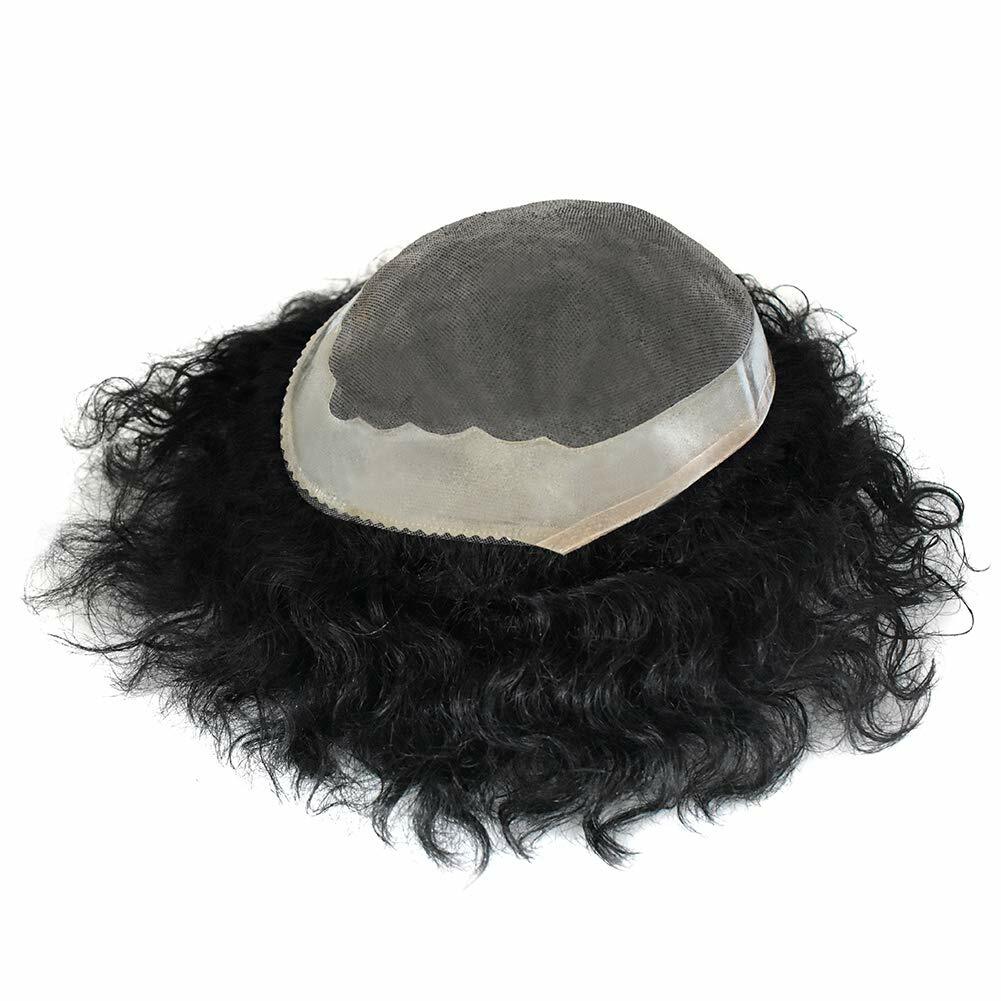 Mens Toupee Curly Wavy Human Hair Replacement System 20MM Wave Mono Poly NPU Wig