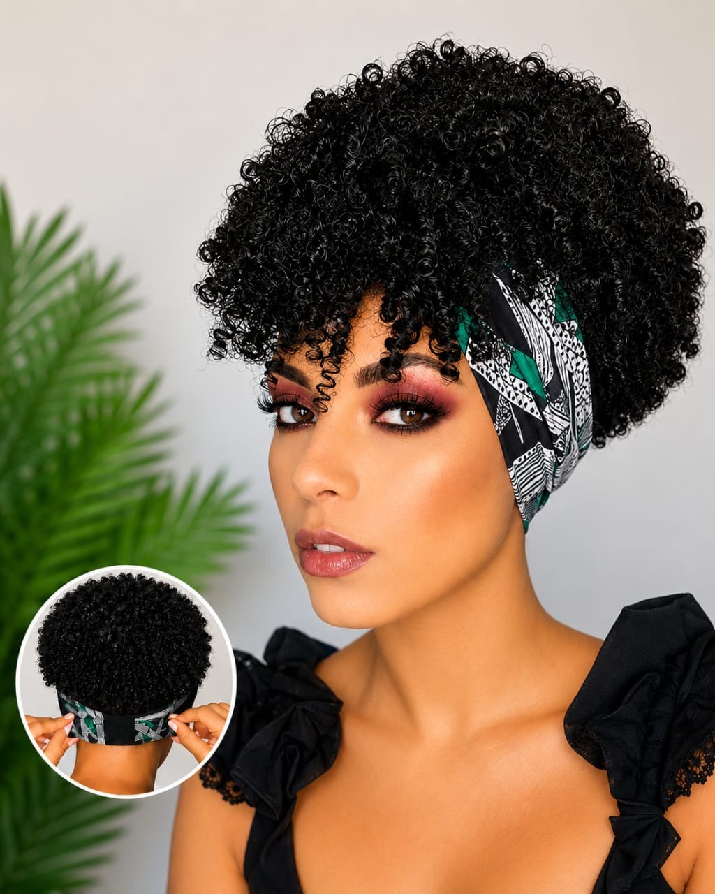 Women’s 6-Inch Short Kinky Coil Headband Wig, Black-White-Green Pattern