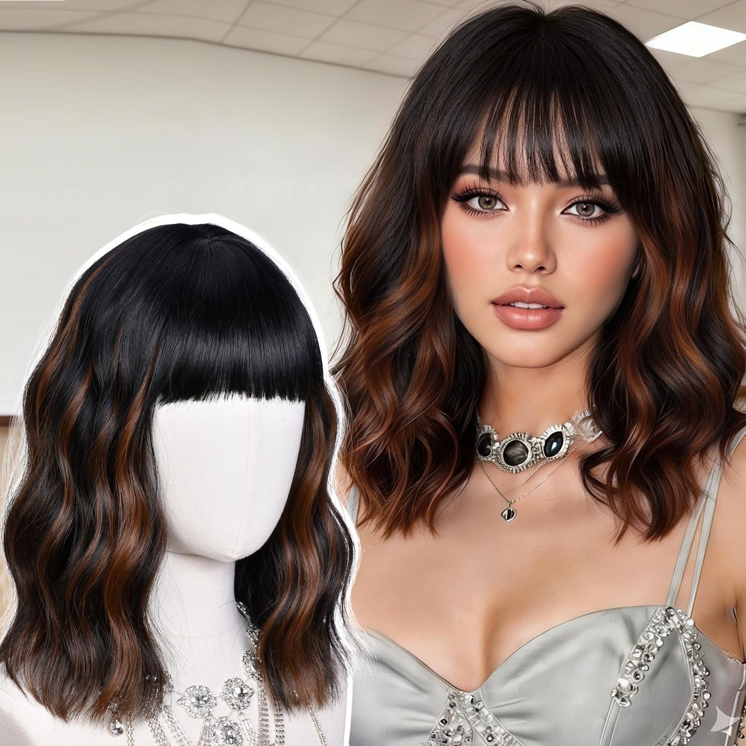 Highlight Short Water Wave Curly Wig Heat Resistant Synthetic Full Wig for Women