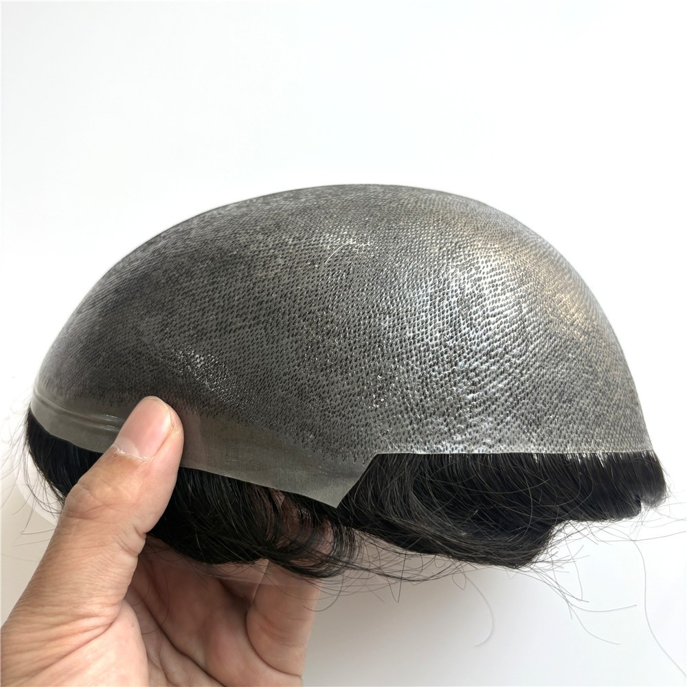 Mens Toupee Human Hair System Full Poly Thin Skin Hair Piece Replacement System