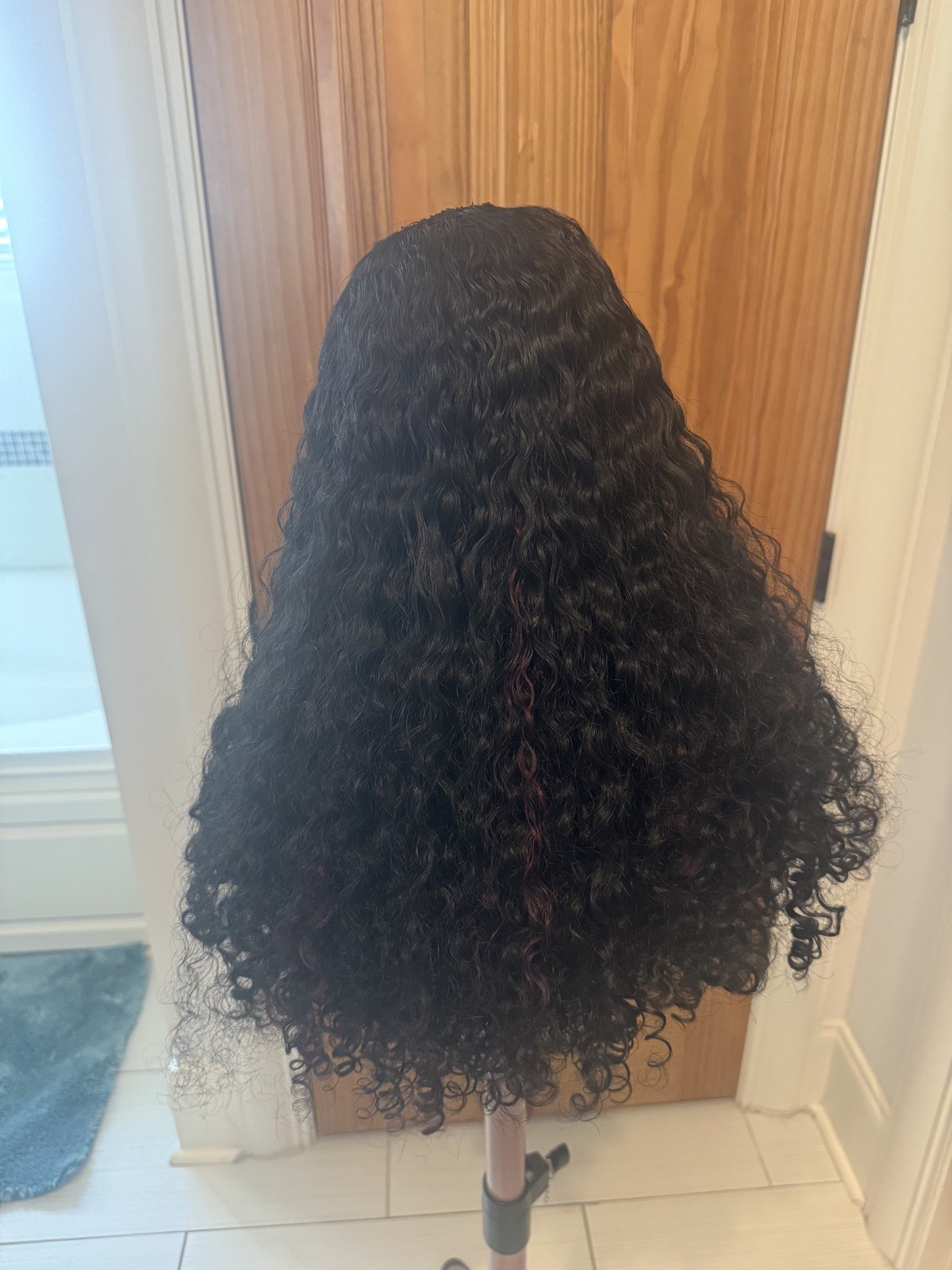 24” Custom Raw Burmese Curly U-Part Wig – Black w/ Red Highlights – New
