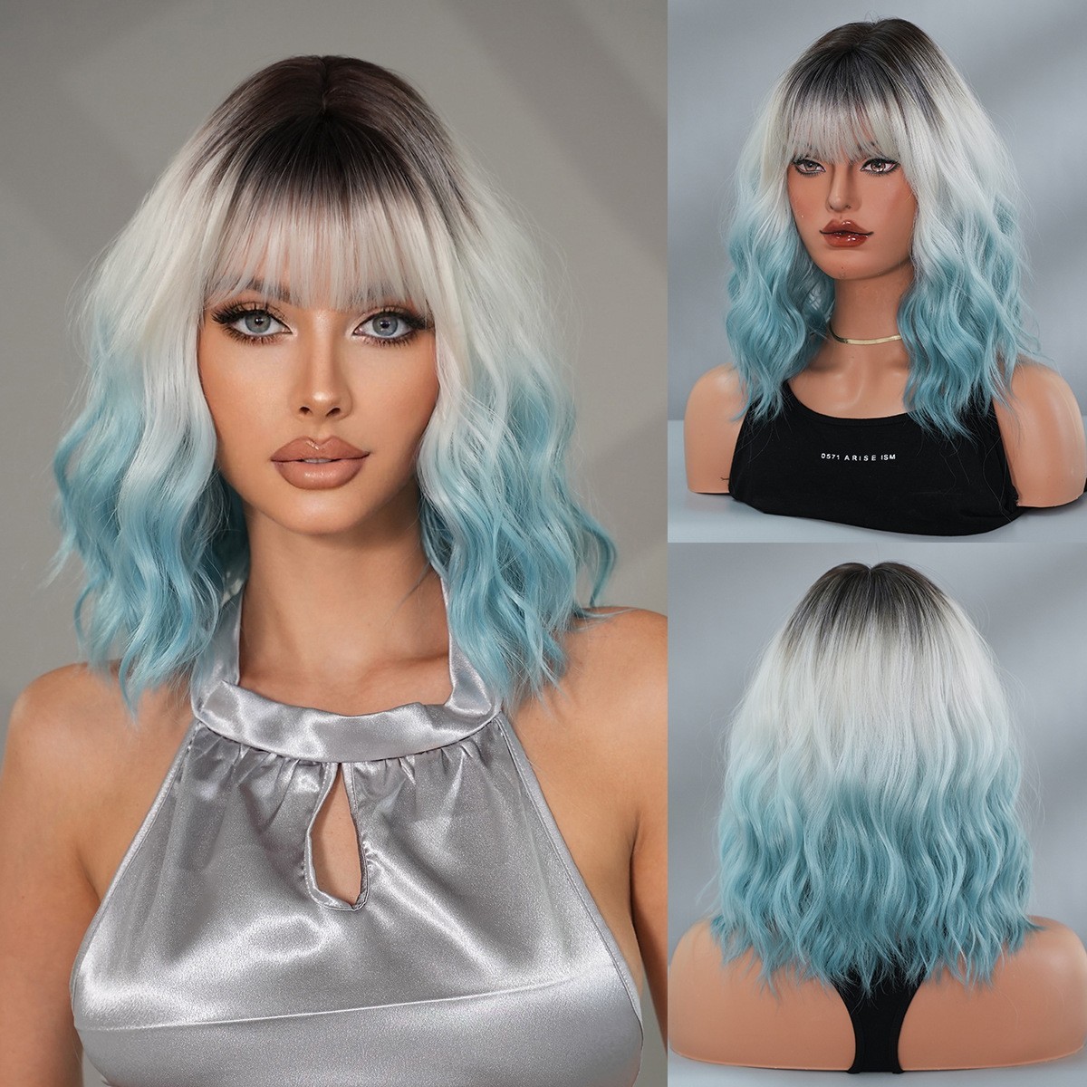 Ombre Blue Wavy Wigs With Bangs Short Bob Wavy Wigs for Women Girls Cosplay Part