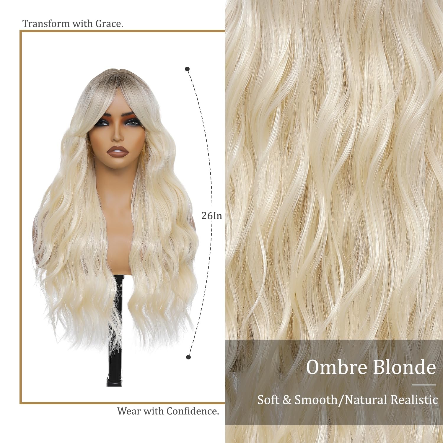 Long Wavy Ombre Blonde Wig with Curtain Bangs for Women 26 Inch Blonde With D…
