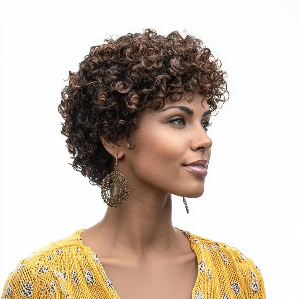 Short Curly Wig for Black Women Black Brown Highlight – Natural Afro Curls with