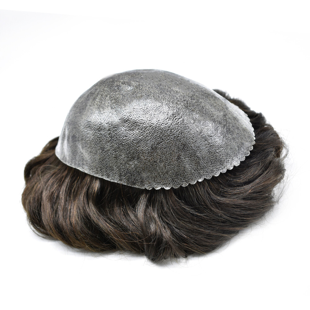 Thin Skin Full Poly Toupee Mens Hair Replacement System Units Human Hair Piece