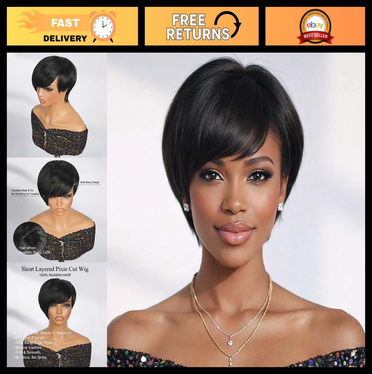 Short Pixie Cut Wig Human Hair Natural Black Glueless Full Machine Made 6 Inch