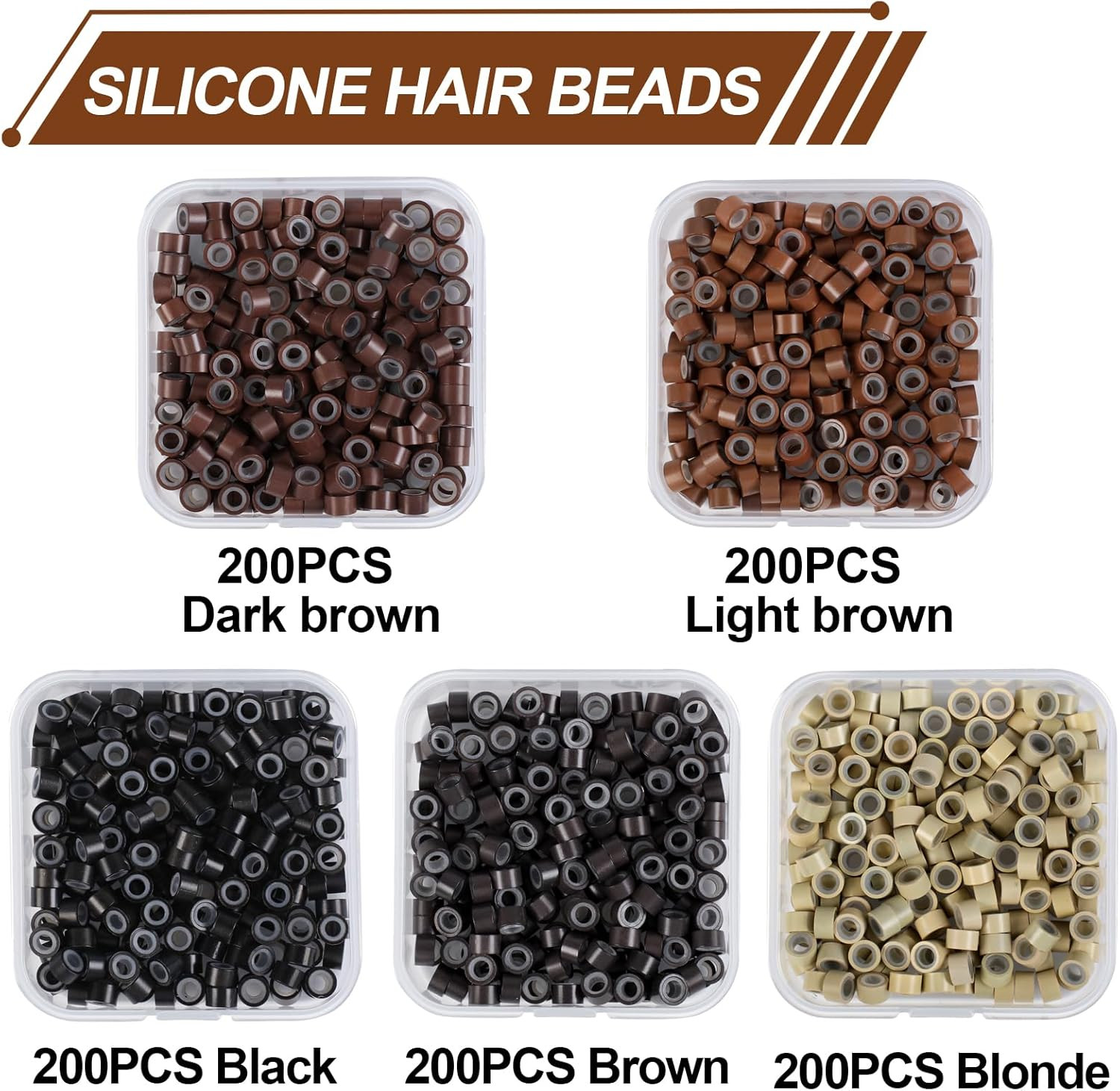 1000PCS Silicone Hair Extensions Beads, 5Mm Lined Micro Links Beads, 5Colors Rin