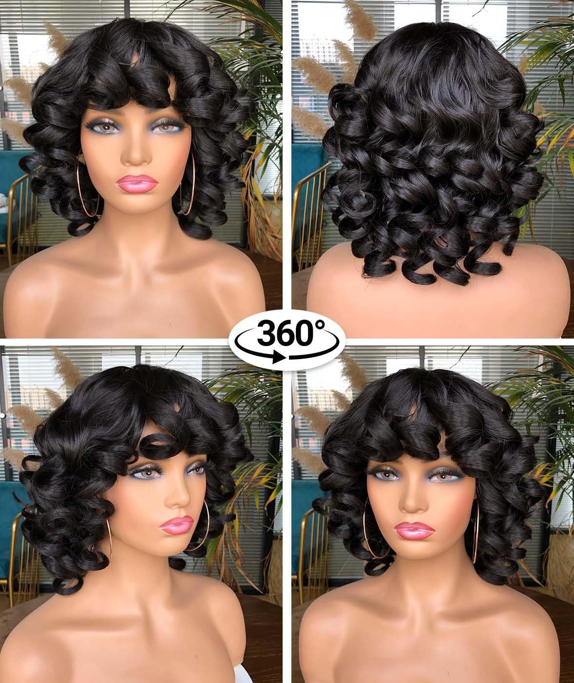 Short Curly Wigs for Black Women Afro Kinky Curly Wig with Bangs Loose Cute C…