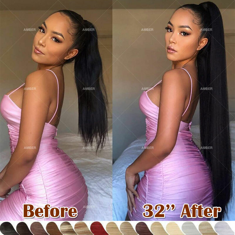 26″ 140g Clip in Wrap On Ponytail Hair Extensions Long Straight Thick As Human