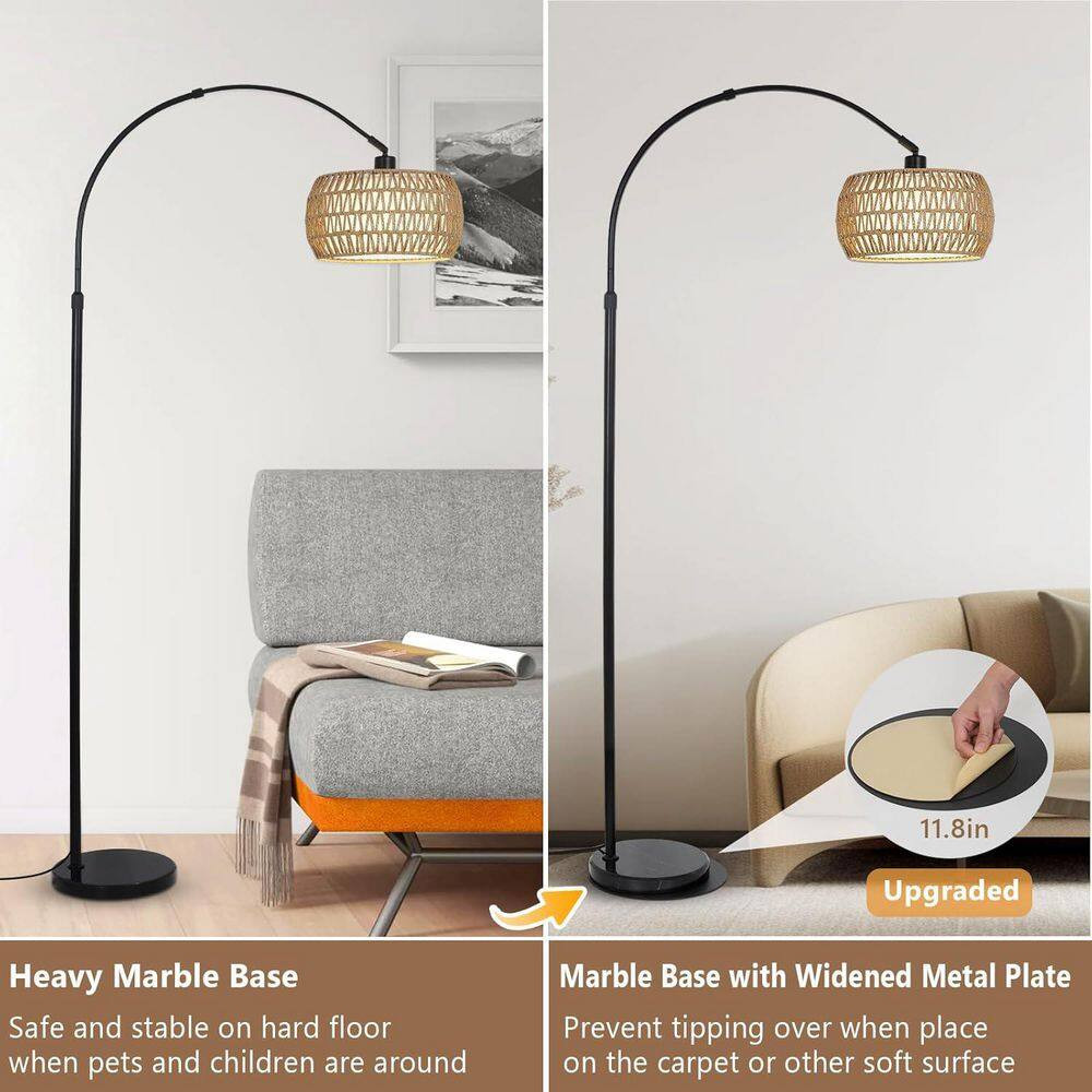 72 In. Brown & Black 1-Light Smart Arc Floor Lamp with Rattan & Fabric Double Dr