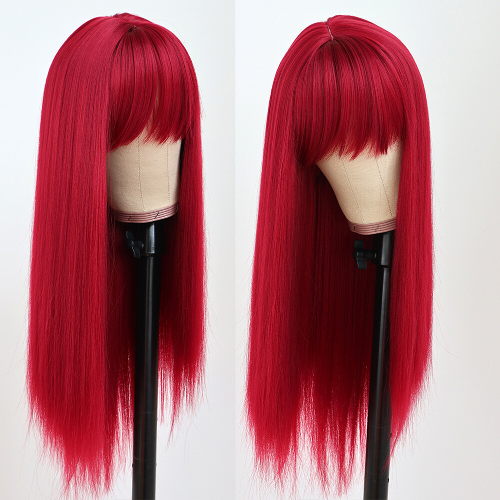 Women Full Neat Bangs Synthetic No Lace Wig Long Straight Heat Resistant Natural