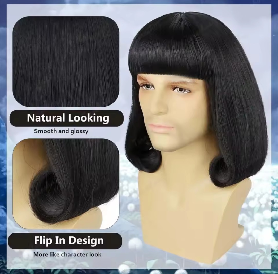 Lord Farquad Style Synthetic Unisex Wig Black Full Bangs Realistic Wig 14 Inch