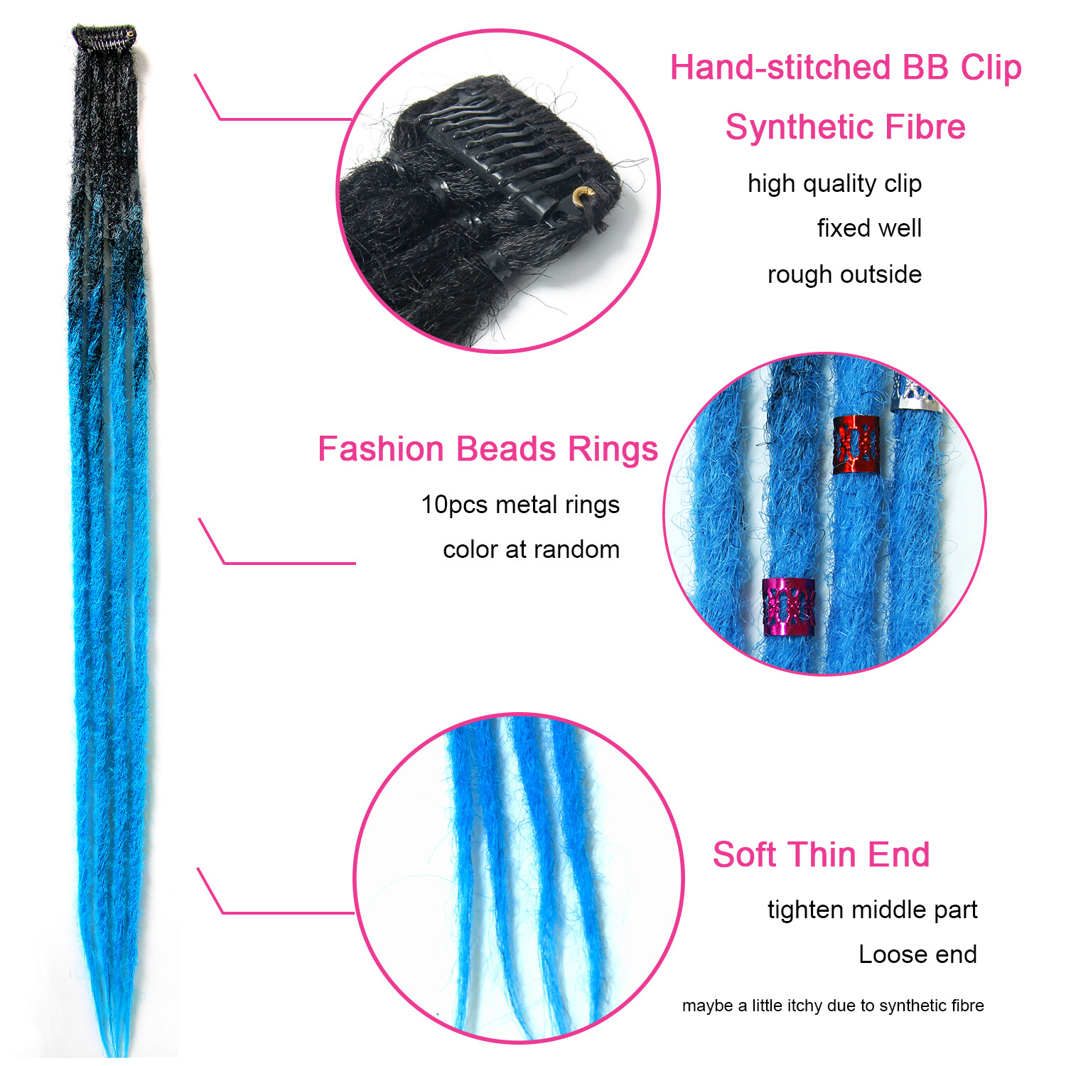 24″ Colorful Clip In Dreadlocks Extensions Thin Soft Dreads Locs w/ Dreads Beads