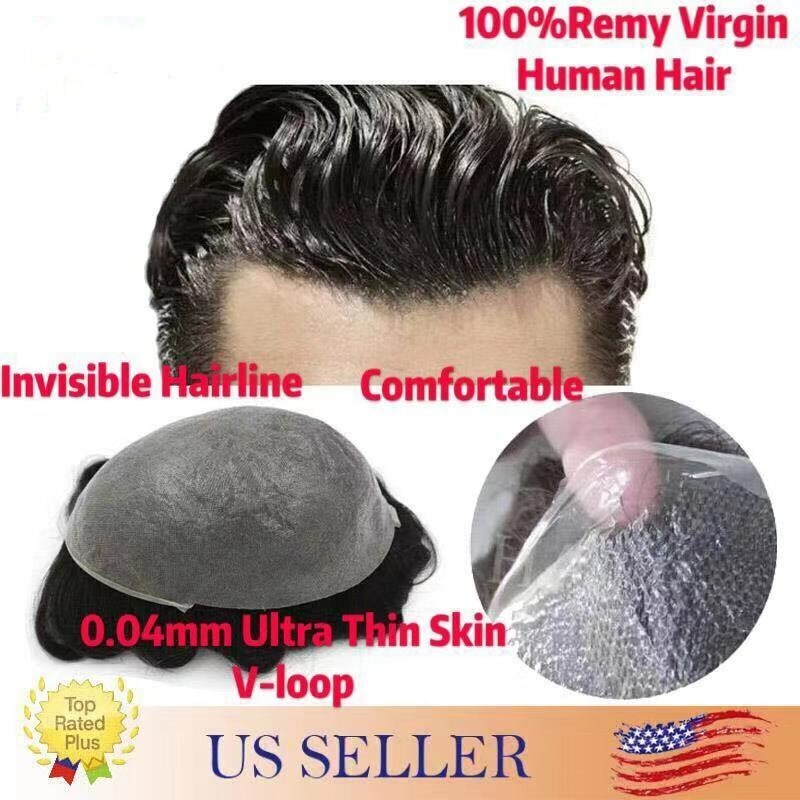 Mens Toupee Ultra Thin Skin Hair Replacement System Invisible V-Loop Hair Piece