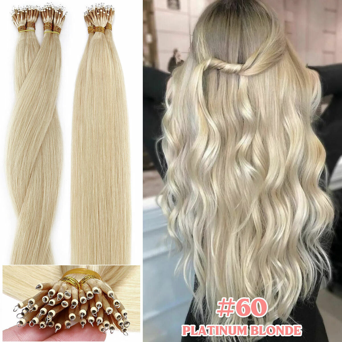 Russian Remy Nano Ring Tips Human Hair Extensions Thick 200S Full Head Highlight