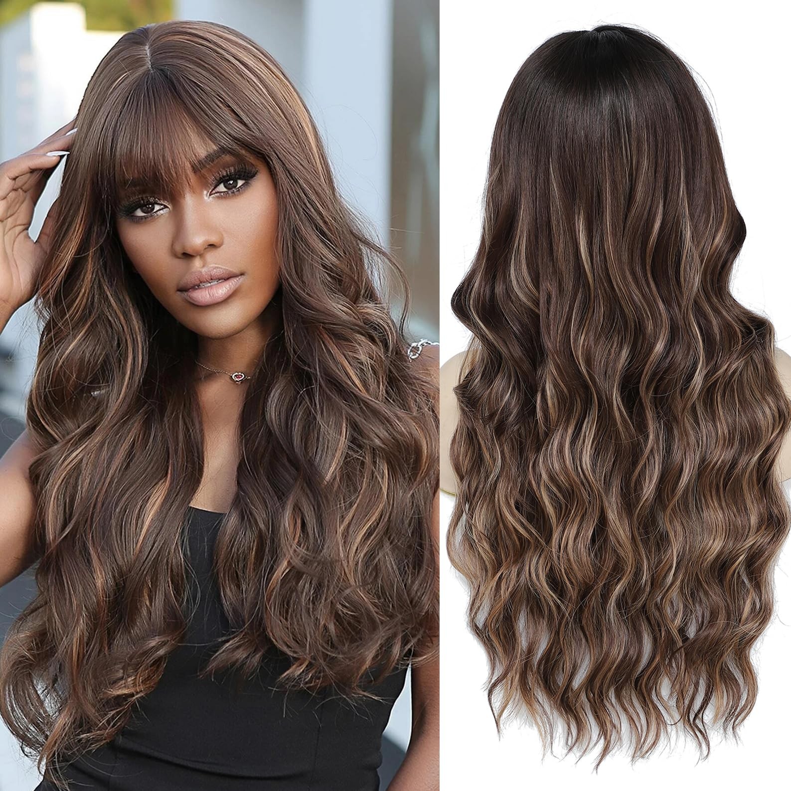 Long Highlight Brown Wig for Women 26″ Dark Brown Wig with Bangs Wavy Hair Mo…
