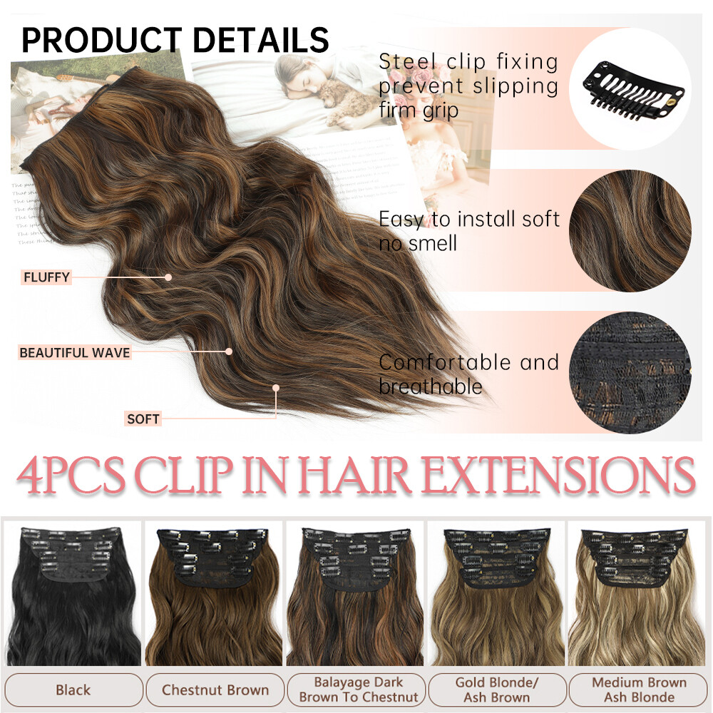 100% THICK 4PCS Clip in Hair Extensions Long Wavy Hair Extensions 22″ Hairpiece