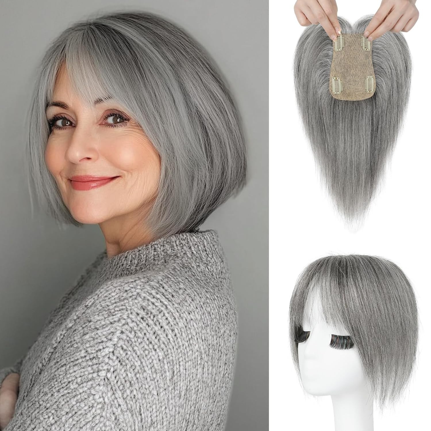 Dark Gray with Bangs 100% Human Hair 10in Topper