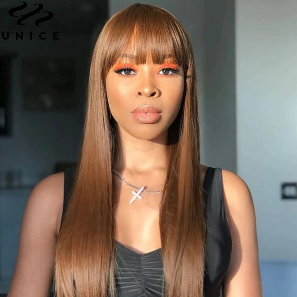 UNice Cambodian Brown Yaki Straight Human Hair Wig with Bangs Lace Wig Layer Cut