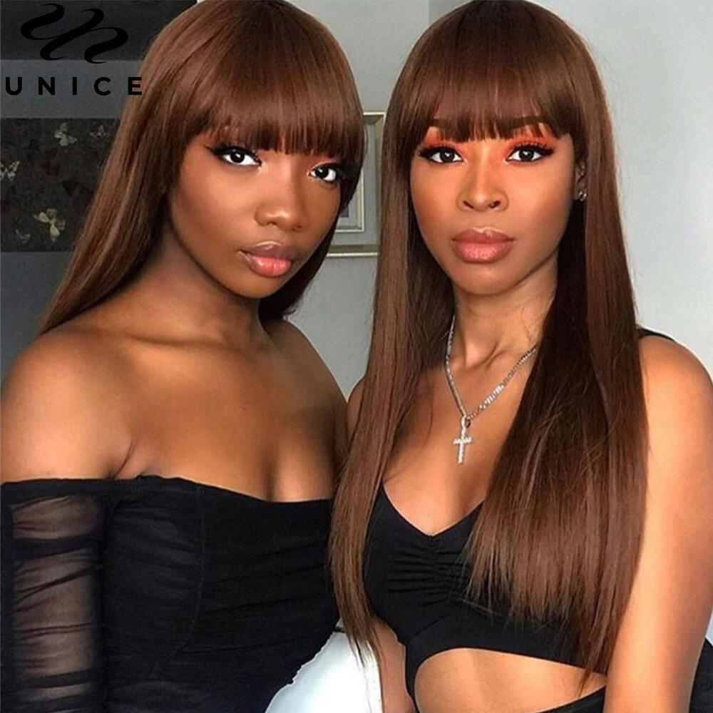 UNice Cambodian Brown Yaki Straight Human Hair Wig with Bangs Lace Wig Layer Cut