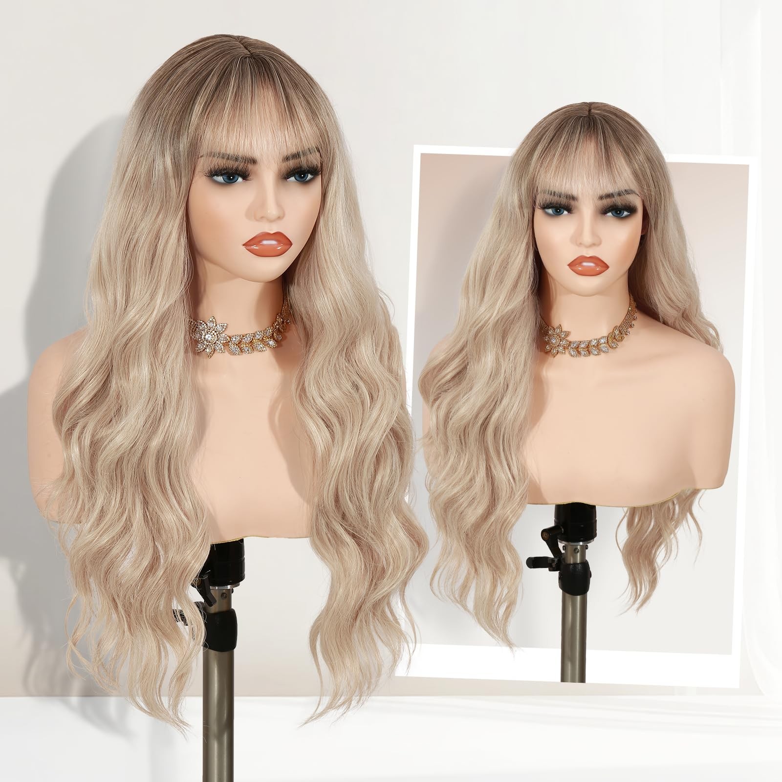 Strawberry Blonde Wig with Bangs T/Ash Blonde Ombre with Dark Roots Heat Resi…