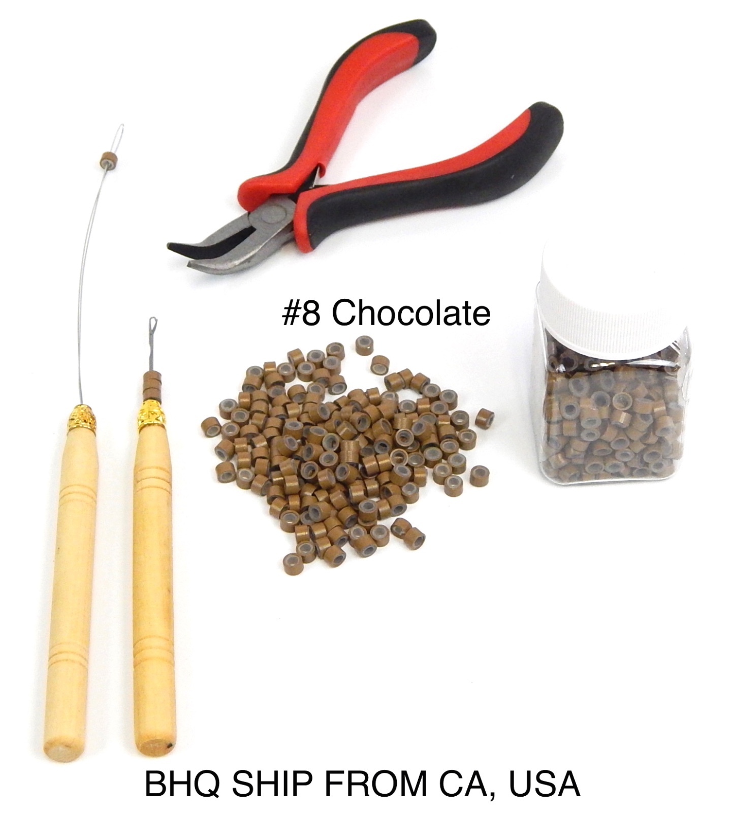 Hair Extension Tool Pliers Kit With 500PCS Silicone Rings Beads (Chocolate)