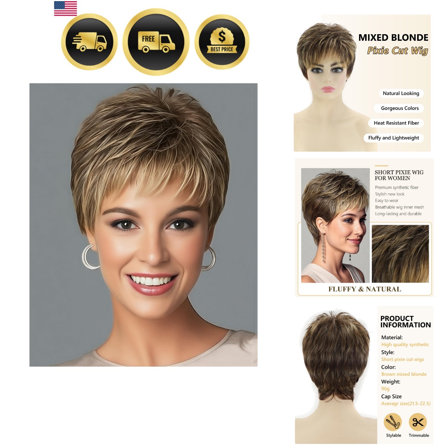 Dark Brown Blonde Pixie Wig Short Layered Highlight Synthetic Heat Resistant …