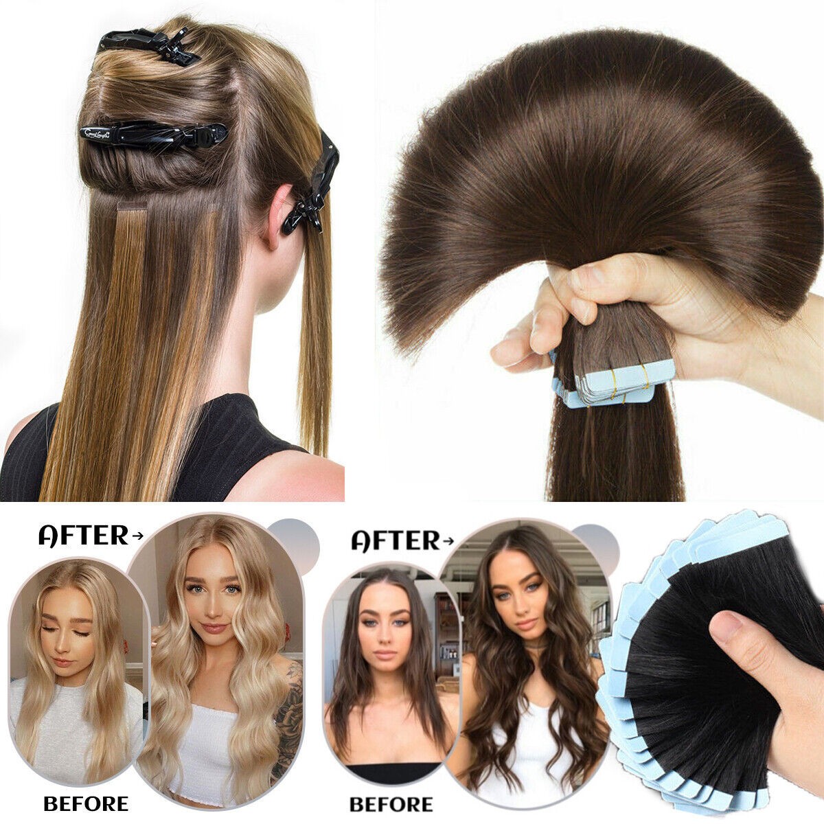 Tape in Human Hair Extensions Skin Wefts Remy Medium Brown Balayage Blonde26inch