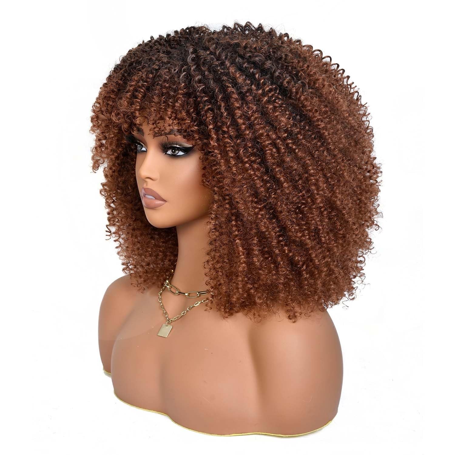 Ombre Brown Afro Curly with Bangs 14 Inch Short Synthetic Afro Black Kinky
