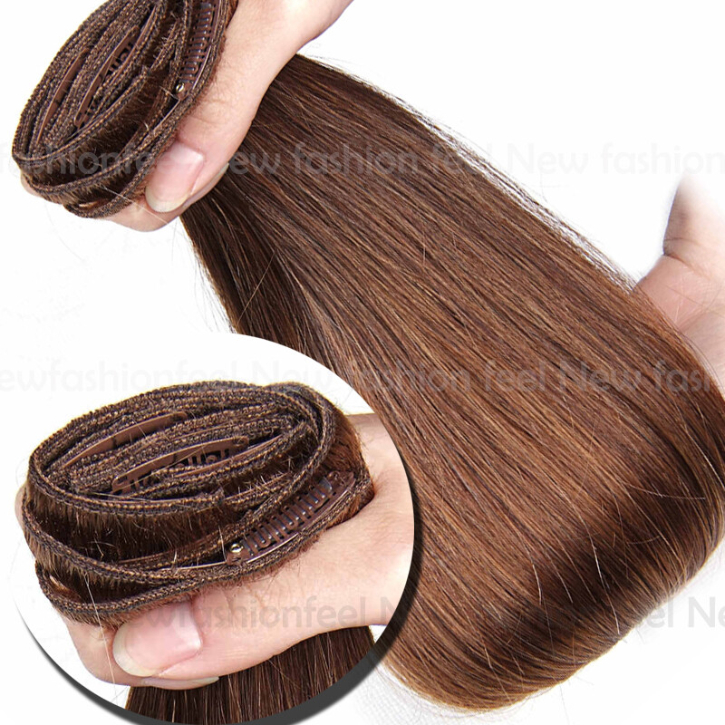 US Extra Thick Remy 100% Human Hair Extensions Clip In Full Head Double Weft 18″