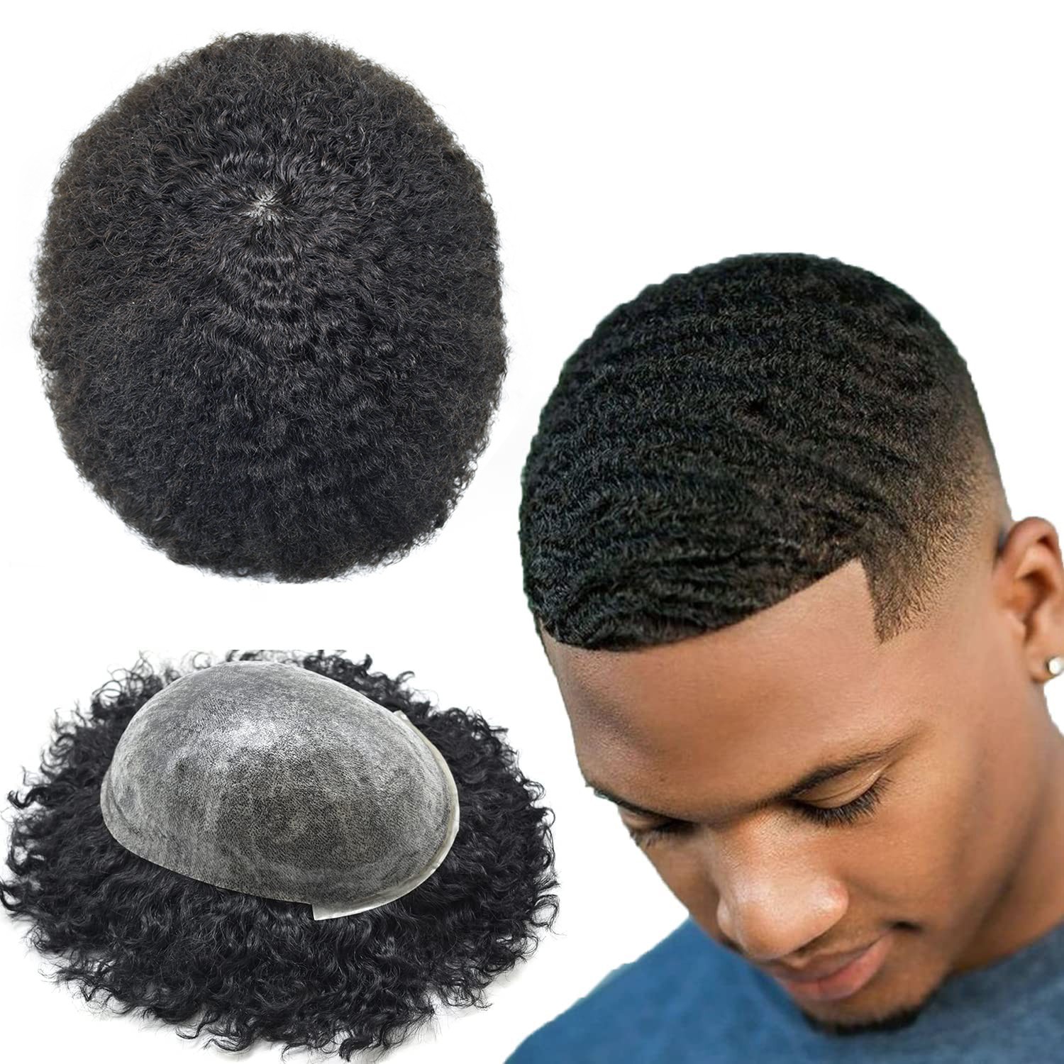 Black Afro Curl Mens Toupee Poly Skin 100%Human Hair African American Hairpieces