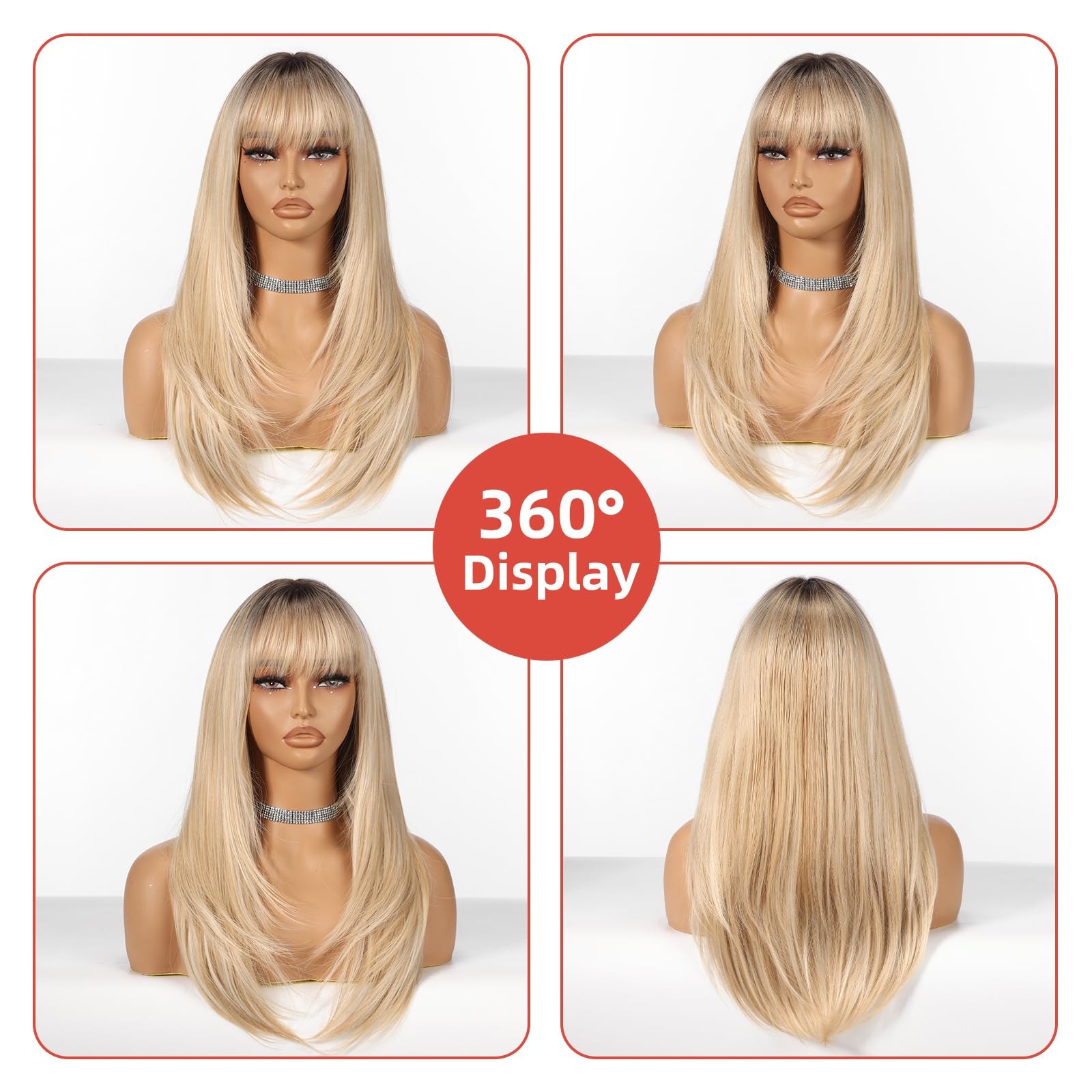 Ombre Blonde Wigs for Women Long Straight layered Wig With Bangs 22 inch Natu…
