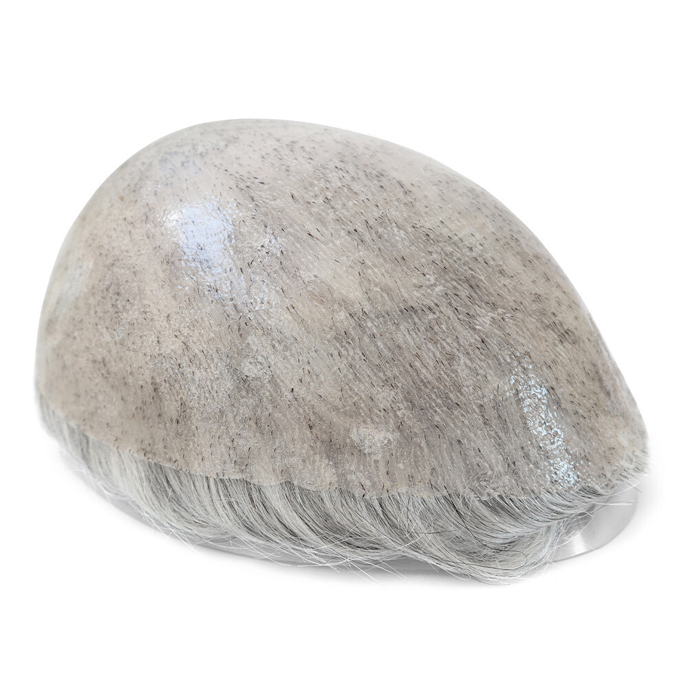 Mens Human Hair Replacement System Injection Skin Toupee Grey Hair Piece#1B80