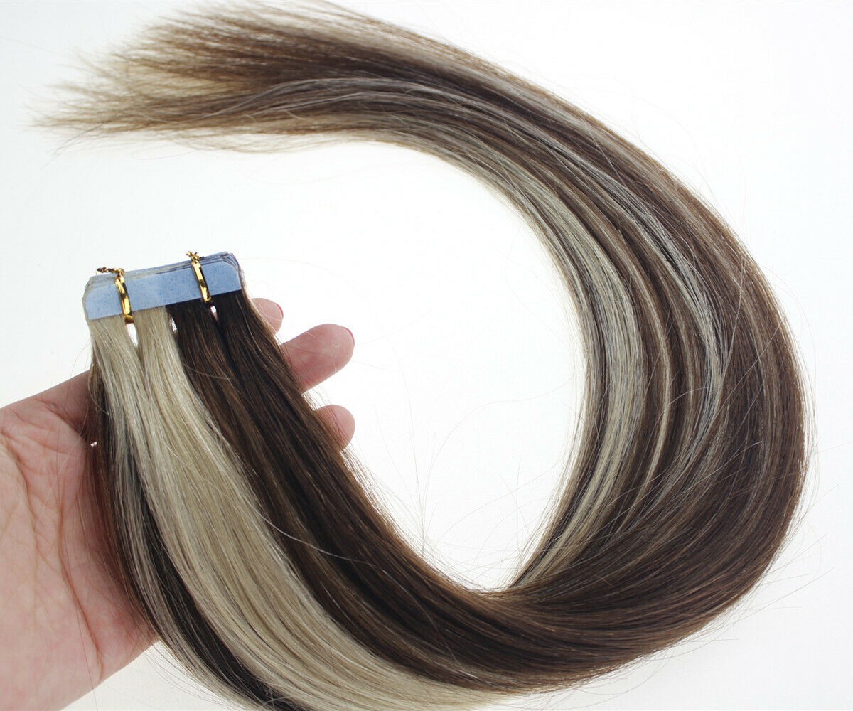 Tape in Human Hair Extensions Skin Wefts Remy Medium Brown Balayage Blonde26inch