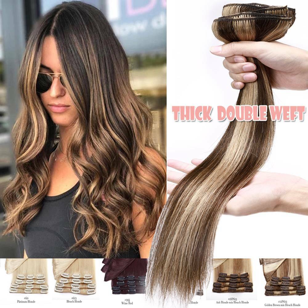 Double Weft 100% Clip In Remy Human Hair Extensions Full Head THICK mix Brown US