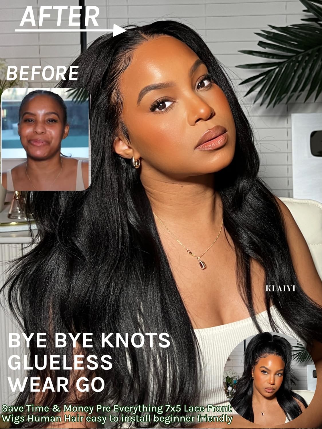 Klaiyi Yaki Straight Bye Bye Knots Glueless Wig 7X5 Precut Lace Front Wigs