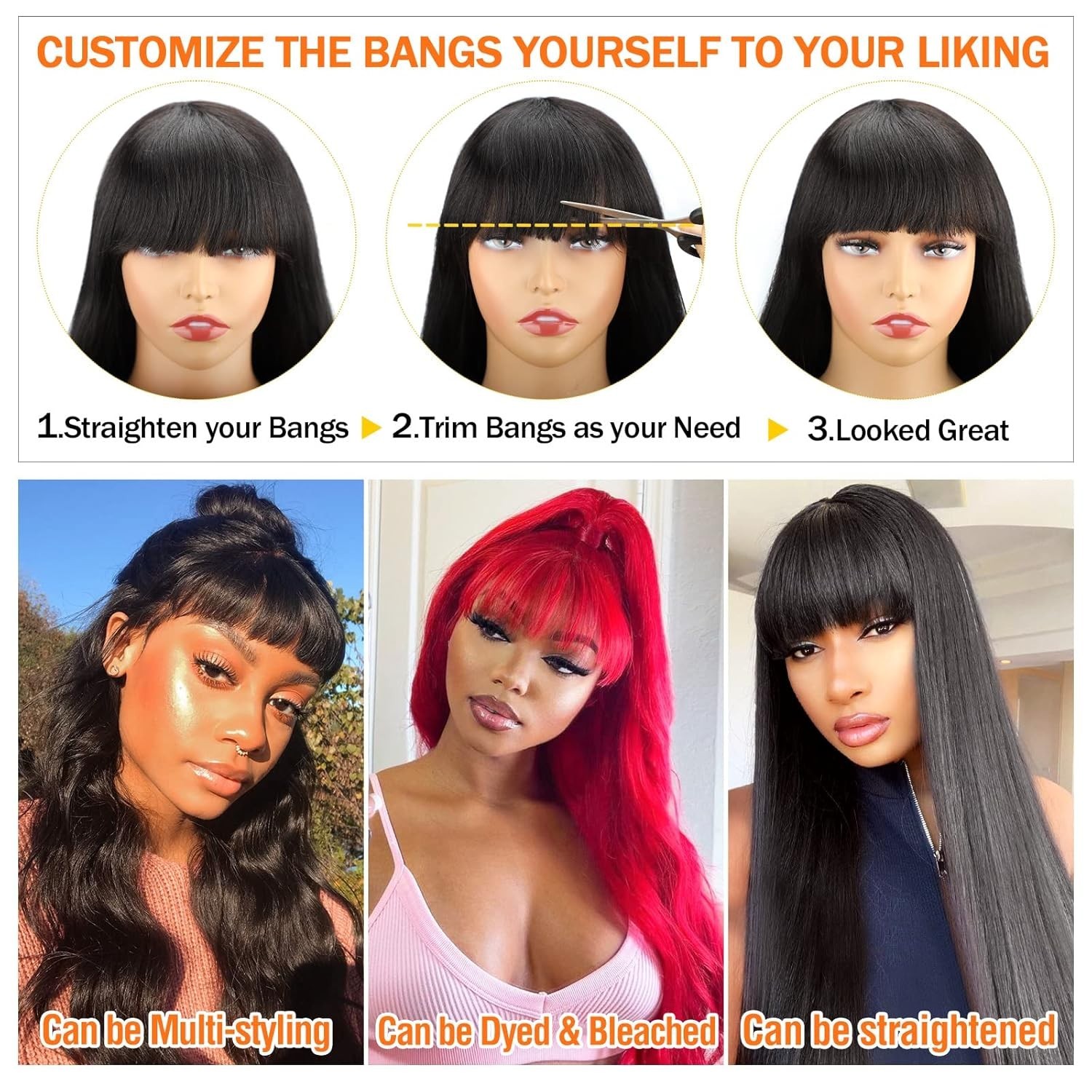 Human Hair Wigswith Bangs Body Wave Wig Glueless Machine Made Wig with Bang