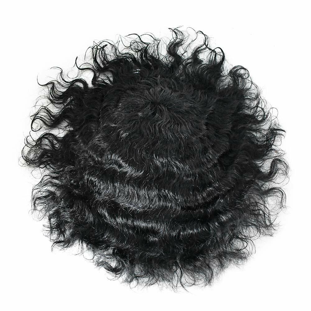 Mens Toupee Curly Wavy Human Hair Replacement System 20MM Wave Mono Poly NPU Wig
