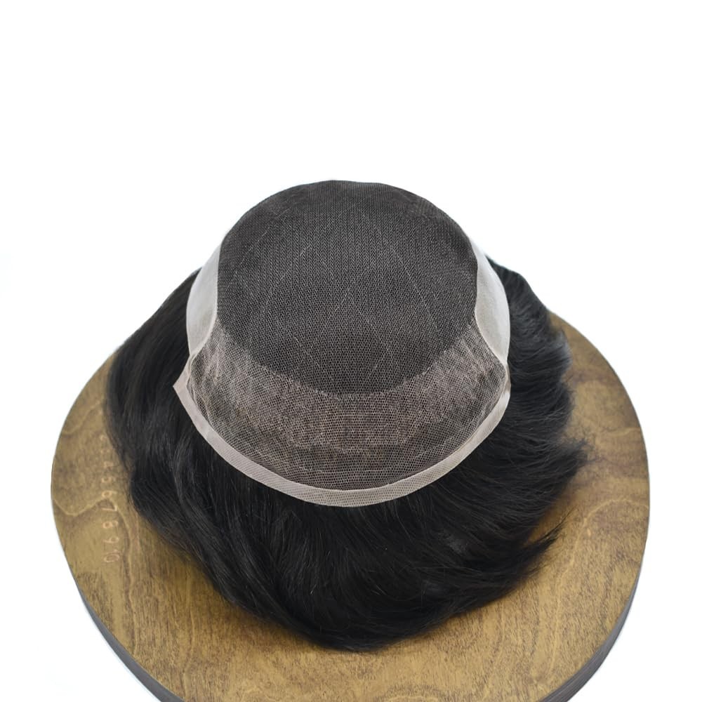 Mens Toupee French Lace Front Hairpiece Poly Skin PU Hair System Replacement US