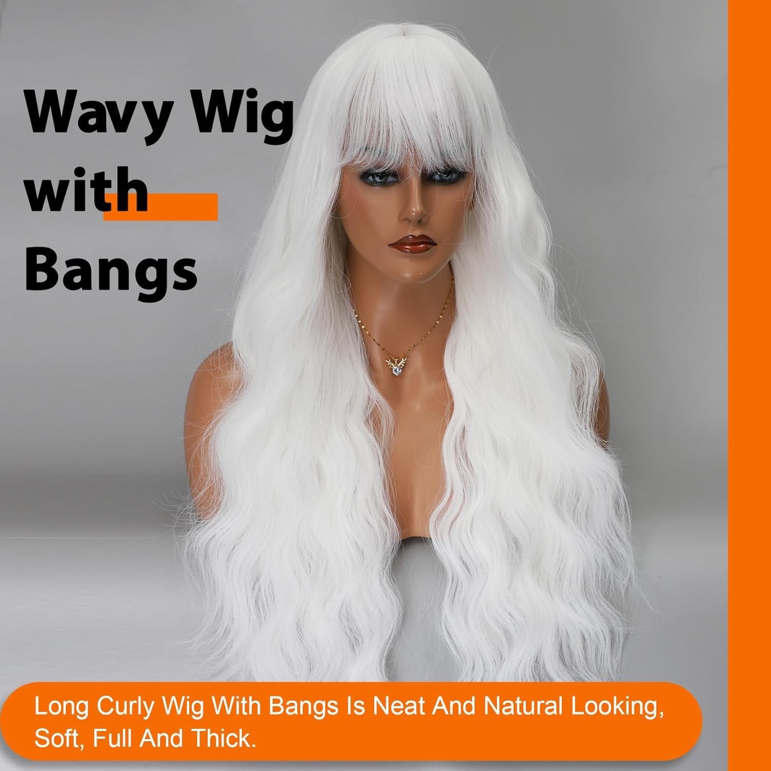 Long Wavy White Wigs for Women 26 Inch White Wig with Bangs Natural Looking S…
